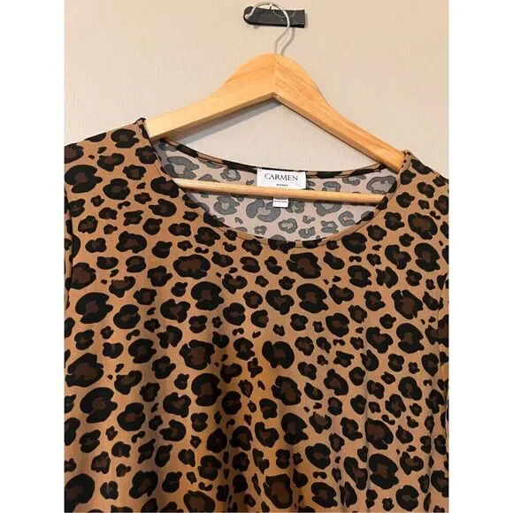 Carmen Marc Valvo 1X Leopard Print 3/4 Sleee Top Brown Tan Ruched Elevated Basic - Picture 7 of 11
